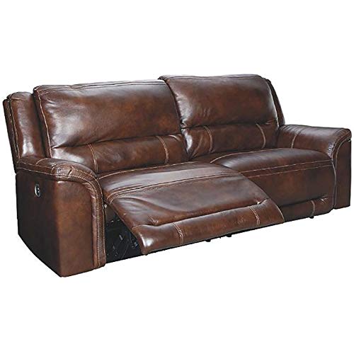 Signature Design by Ashley Catanzaro Leather 2 Seat Dual-Sided Power Reclining Sofa with USB Port, Brown