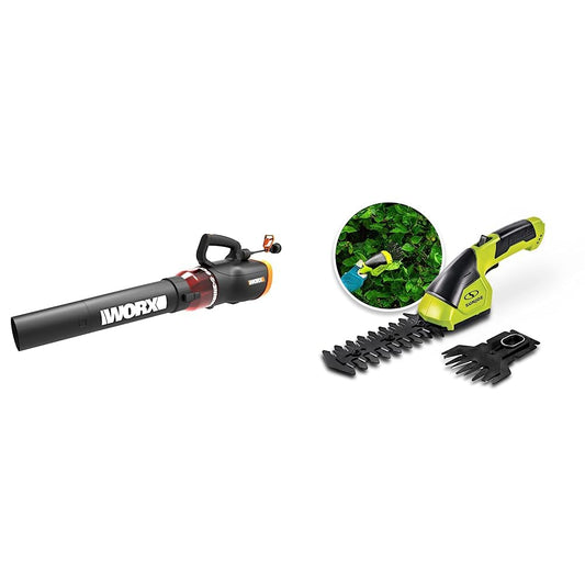 WORX WG520 12 Amp Turbine 600 Electric Leaf Blower & Sun Joe HJ604C Cordless Grass Shear + Shrubber Handheld Trimmer, (w/Battery + Charger Included), Green, 7.2V