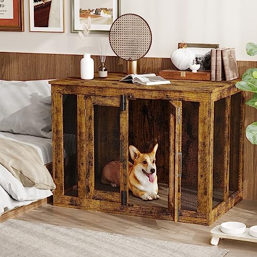 Dog Crate Furniture with Cushion, Double-Door Dog Crate for Small to Large Dogs, Wooden Dog Kennel Table, End Table Dog House Furniture, Dog Cage Indoor, Rustic Brown MGW001X-1