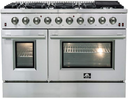 FORNO Galiano 48" Inch All Gas Double Oven Freestanding Gas Range with 8 Sealed Burners Cooktop 107,000 BTU and 6.58 Cu. Ft. Double Convection Oven - Stainless Steel Cast Iron Grates.