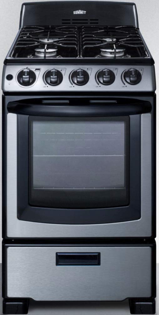 Summit Appliance PRO201SS 20" Wide Gas Range in Stainless Steel with Electronic Ignition (Spark), Indicator Lights, Backguard, Porcelain Construction, Upfront Controls, Oven Window, and Sealed Burners