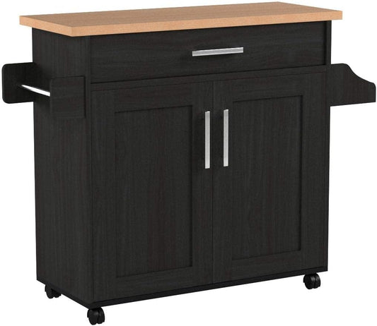 Hodedah Kitchen Island with Spice Rack, Towel Rack & Drawer, Black with Beech Top