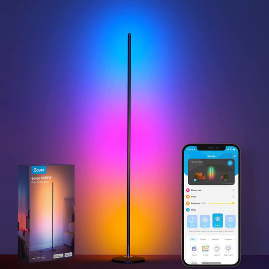 Floor Lamp, LED Corner Lamp Works with Alexa, Smart Modern Floor Lamp with Music Sync and 16 Million DIY Colors, Ambiance Color Changing Standing Lamp for Bedroom Living Room Black