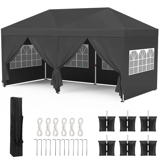 Kaen 10x20FT Pop Up Canopy, 10x20 Canopy Tent with 6 Side Walls Instant Shade Canopy Tent for Parties Beach Outdoor, Carry Bag, 6 Weight Bags, 12 Stakes, and 6 Ropes(Black)