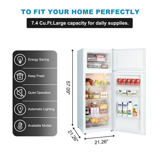 Frestec 7.4 CU' Refrigerator with Freezer, Apartment Size Refrigerator Top Freezer, 2 Door Fridge with Adjustable Thermostat Control, Freestanding, Door Swing, White (FR 742 WH)