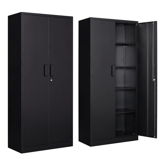 Metal Storage Cabinet with 2 Doors and 4 Adjustable Shelves - 71" Steel Lockable File Cabinet,Locking Tool Cabinets for Office,Home,Garage,Gym,School (Black)