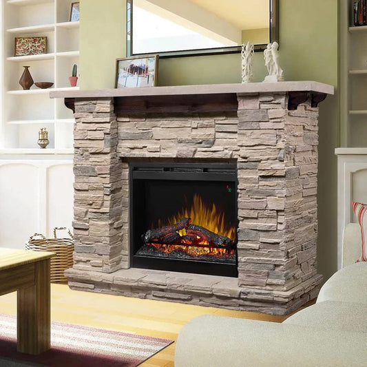 Dimplex Featherston Electric Fireplace with Mantel Surround Package | Pine with Gray Stone-Look Mantel Shelf, Includes 28" Electric Fireplace - Model #GDS28L8-1152LR