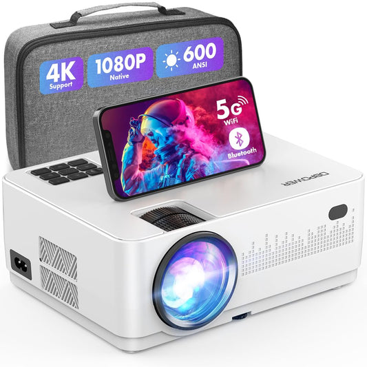 5G WiFi Bluetooth Projector 4K Supported, DBPOWER Native 1080P 600ANSI Outdoor Movie Projector, 300” Display/75% Zoom/Sleep Timer Home Theater Video Projector Compatible with TV Stick/PC/DVD