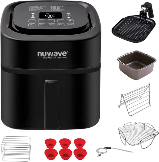 Nuwave Brio 6-Quart Healthy Digital Smart Air Fryer with Probe One-Touch Digital Controls, Advanced Cooking Functions, Removable Divider Insert & Grill Pan (NEW ACCESSORY)
