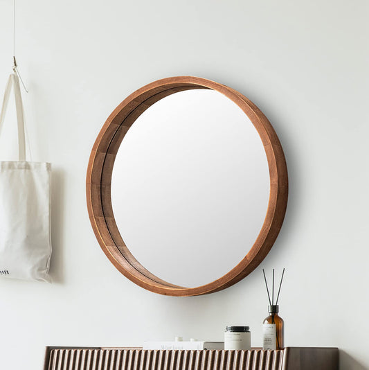 LYYYXGYP Round Wood Mirror 30 Inch Farmhouse Wall Mirror Wooden Framed Brown Circle Mirror for Bathroom Vanity Living Room Bedroom