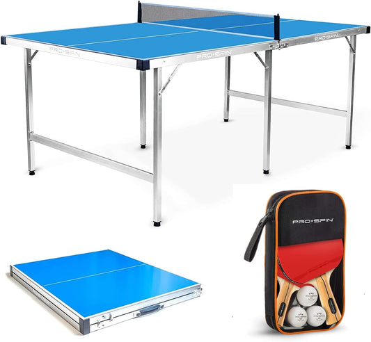 PRO-SPIN Midsize Ping Pong Table Set | Outdoor/Indoor, Weatherproof | High-Performance Ping Pong Paddles & Balls | 100% Pre-Assembled | Regulation Height | Foldable Premium Aluminum Table Tennis Table