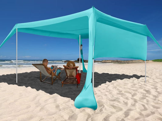 Beach Sunshade with Side Wall Shade Windproof Design,Sun Shelter UPF50+ Portable Family Canopy Tent Anchors 10x10 FT 4 Poles Pop Up Outdoor Shelter for Beach,Backyard and Picnics