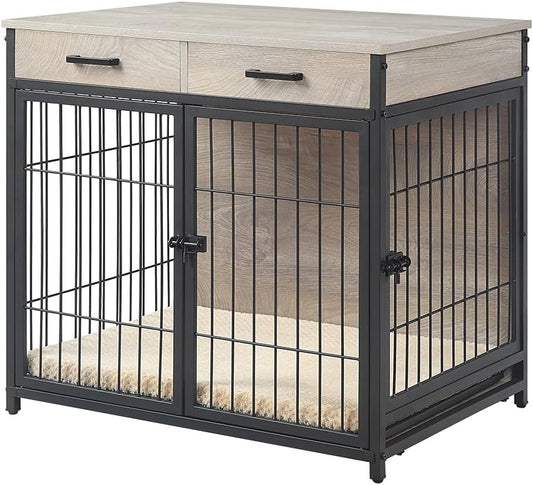 Furniture Style Dog Crate End Table with Tray and 2 Drawers, Double Doors Wooden Wire Dog Kennel with Pet Bed, Decorative Pet Crate Dog House Indoor Use