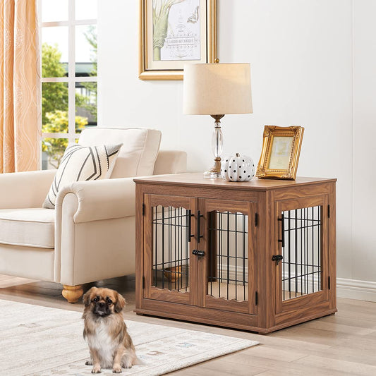 Furniture Style Dog Crate End Table, Double Doors Wooden Wire Dog Kennel with Pet Bed, Decorative Pet Crate Dog House Indoor Medium and Large