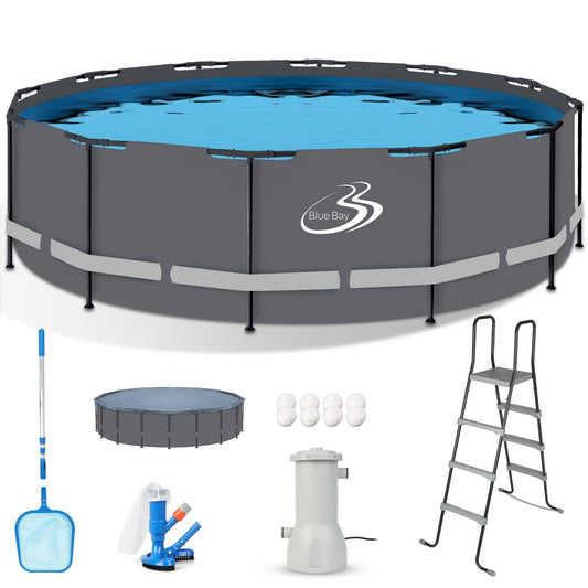 BlueBay 18ft x 52in Frame Above Ground Swimming Pool Set Includes 1545 GPH Filter Pump, Cover, Ladder, Maintenance Kit, Grey, Round