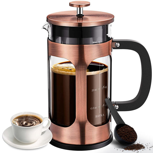 French Press Coffee Maker, Glass Classic Copper Stainless Steel Coffee Press, Cold Brew Heat Resistant Thickened Borosilicate Coffee Pot for Camping Travel Gifts