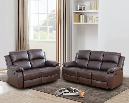 Leather Recliner Sofa Set, Living Room Furniture Set, Leather Reclining Sofa Recliner Couch Set for Office Home (Sofa and Loveseat Set, Brown)