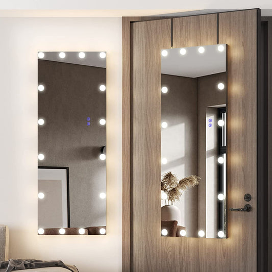 Full Length Mirror with LED Lights, Over The Door Hanging Mirror, Wall Mounted Mirror, Full Body Mirror, Hollywood Lighted Mirror for with 3 Color & Dimming Brightness (Black, 47" x 20")