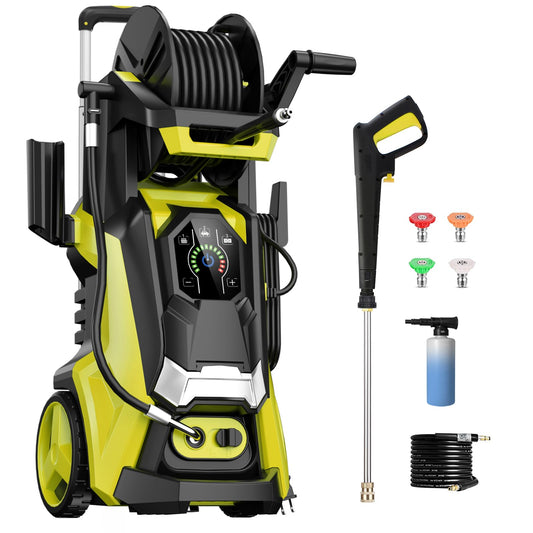 Electric Pressure Washer 4200 PSI 2.8 GPM Power Washers Electric Powered with Three Modes of Touch Screen Adjustable Pressure,4 Nozzles and Hose Reel Car Washer Cleaner for Home Patio Yellow