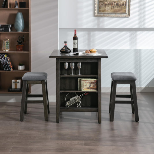 Counter Height 3 Piece Gray Bar Pub Table Set with Storage Shelf