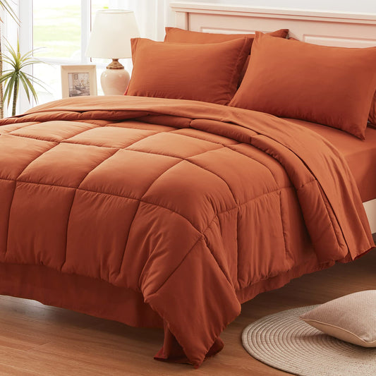 Anluoer Queen Size Bed in a Bag 7 Pieces, Burnt Orange Bed Comforter Set with Comforter and Sheets, All Season Bedding Sets with 1 Comforter,2 Pillow Shams,2 Pillowcases, 1 Flat Sheet,1 Fitted Sheet