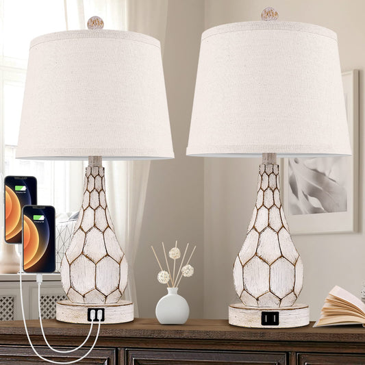 Rustic Dimmable Touch Table Lamps Set of 2 Retro Bedside Lamps with 2 USB Charging Ports 3-Way Dimmable Nightstand Lamps for Bedroom Living Room Office Vintage Desk Lamps with Fabric Shade & LED Bulbs
