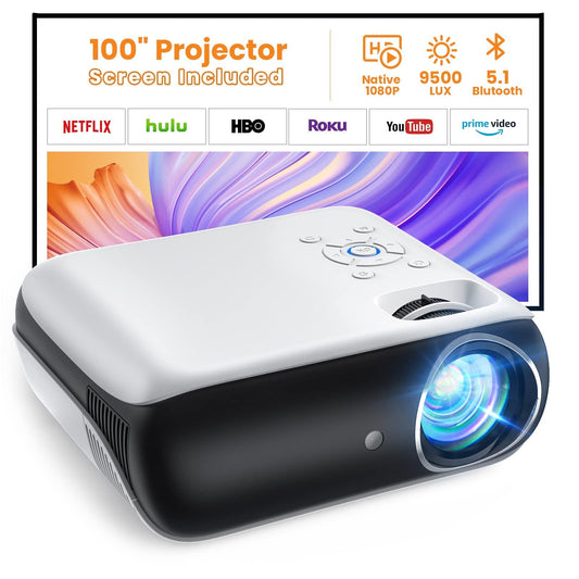 Native 1080P Bluetooth Projector with 100''Screen, 9500L Portable Outdoor Movie Projector Compatible with Smartphone, HDMI,USB,AV,Fire Stick, PS5