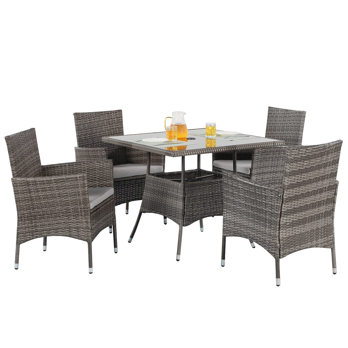 Wisteria Lane Patio Dining Set, 5-Piece Wicker Outdoor Table and Chairs Set for 4, Square Tempered Glass Table Top with Umbrella Hole, Rattan Outdoor Furniture Set for Backyard Deck, Grey