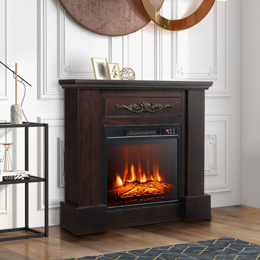 GOFLAME 32” Electric Fireplace with Mantel, Freestanding Electric Fireplace Heater with Adjustable Thermostat & Flame, Remote Control, Overheat Protection, Wooden Surround Fireplace, 1400W, Brown