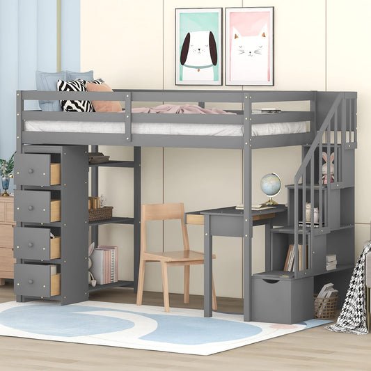 Merax Loft Bed Twin with Desk and Storage Stairs, Space-Saving Wood Bed Frame with Drawers and Shelves, for Teens Adults (Grey)
