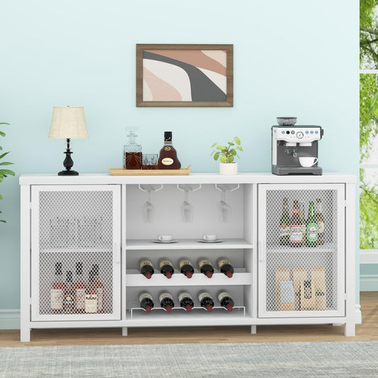 Launica Wine Bar Cabinet, White Coffee Bar Cabinet, Modern Liquor Cabinet for Liquor and Glasses, Farmhouse Buffet Wine Rack Sideboard with Storage for Home Kitchen Dinning Room, White Oak, 55 Inch