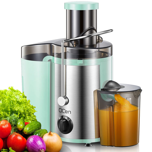 Juicer Machine, 500W Centrifugal Juicer Extractor with Wide Mouth 3” Feed Chute for Fruit Vegetable, Easy to Clean, Stainless Steel, BPA-free, by QCen (Aqua)