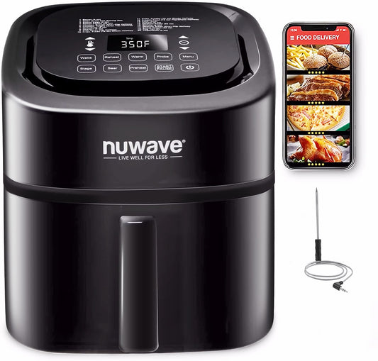 Nuwave Brio 8-Qt Air Fryer, Powerful 1800W, Easy-to-Read Cool White Display, 50°-400°F Temp Controls, 100 Pre-Programmed Presets & 50 Memory Slots, Integrated Smart Thermometer, Linear T Technology