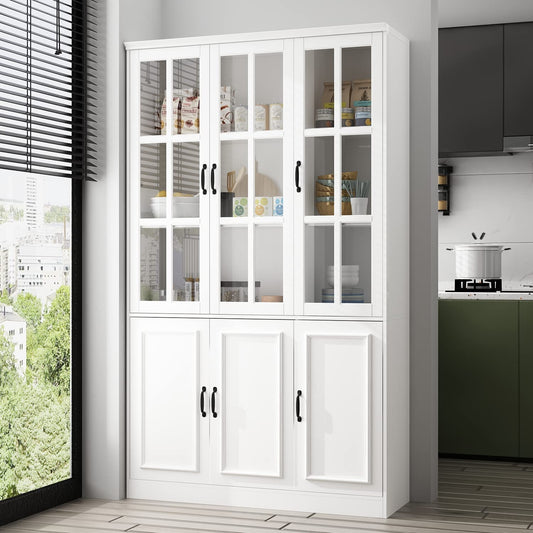 AIEGLE Kitchen Pantry Storage Cabinet with 3 Glass Doors, Freestanding Kitchen Pantry Cupboard, Utility Pantry Cabinet for Dining Room, Living Room, White (47.2”W x 15.7”D x 78.7”H)