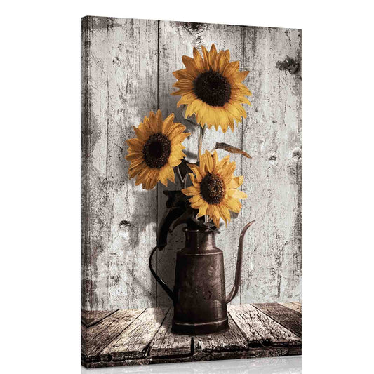 Rustic Sunflower Canvas Wall Art: Vintage Flower Picture Print Farmhouse Wall Decor - Floral Pot Decorative Poster Framed Artwork Decoration for Bedroom Home Office Ready to Hang 10" x 15"
