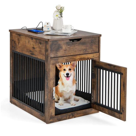 Dog Kennel End Table with Chew-Proof Metal Fence, Lockable Door, Storage Drawer, Wired and Wireless Charging, Wooden Pet Cage Side Table Indoor (Rustic Brown)
