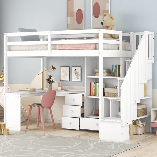 Merax Wood Loft Bed Twin Size, Multifunctional Twin Bed Frame with L-Shaped Desk and Drawers, Cabinet and Storage Staircase, White