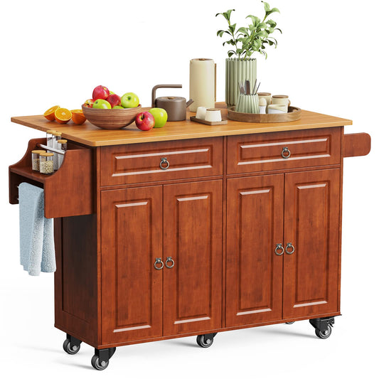 Aiho Kitchen Island on Wheels, Rolling Kitchen Island with Storage with 52" Soild Wood Top Kitchen Island & Cart with Towel Rack, Spice Rack and Drawers, Brown