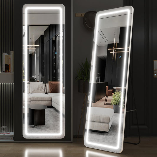 Full Length Mirror Lighted 63"x20", Body Mirror with Lights-LED Stand up Mirror, Bedroom Full Size Body Mirror, Wall Mounted Hanging Mirrorwith Dimming & 3 Color Modes (White)