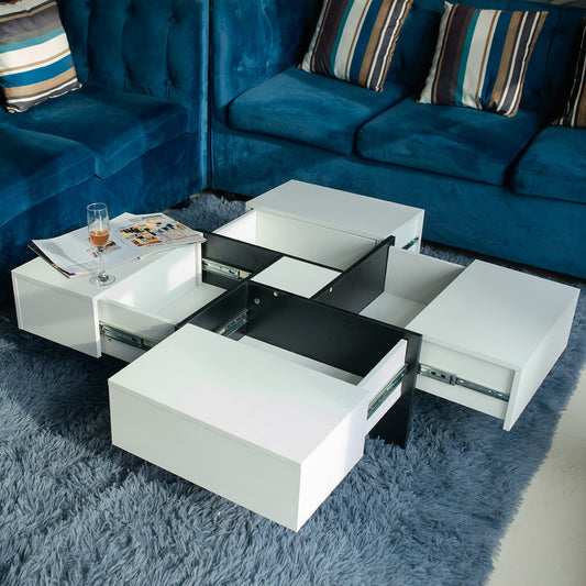 Furnnylane Modern Coffee Table with 4 Drawers,Square Coffee Table with Storage for Living Room,White,31.5" D x 31.5" W x 13.8" H