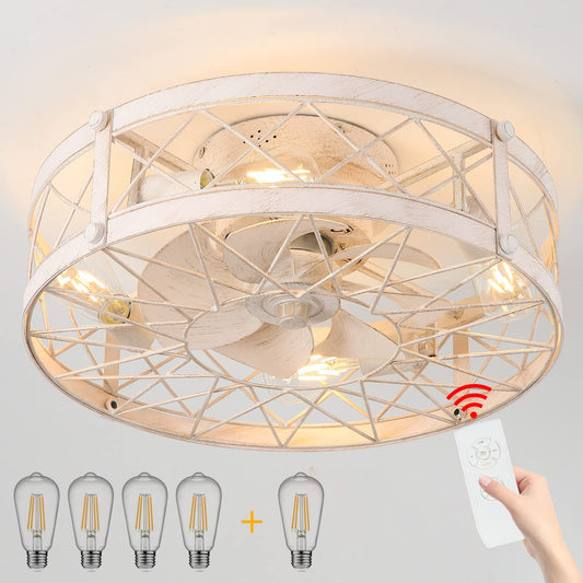 Retro White Small Ceiling Fan With Light Remote Control, Coming With 5 E26 Warm Color Bulb, Low Profile Ceiling Fan With Light, Ceiling Fans With Lights Flush Mount, Caged Ceiling Fan With Light