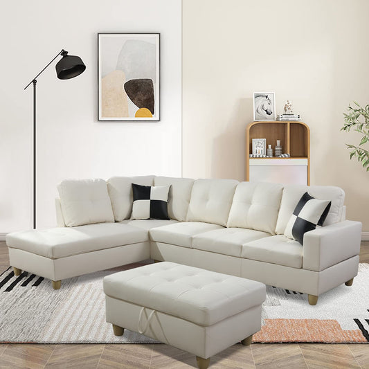 Lifestyle Furniture 103" Sectional Sofa Set Faux Leather with Storage Mats and 2 Pillows Smooth and Soft Couch Sets, Ivory White, Left Facing