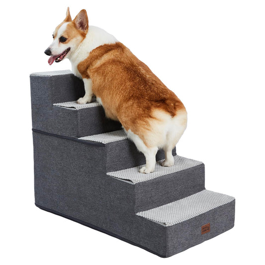 Foam Pet Steps for High Beds and Couch, Non-Slip Folding Dog Steps Portable Pet Stairs for Large Dog and Cats,5 Step, Grey