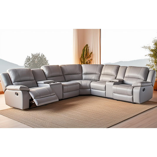 Comfortable Leather Sectional Couches for Living Room with Manual Reclining Couch with Consoles,4 Cup Holders and Storage (Grey)