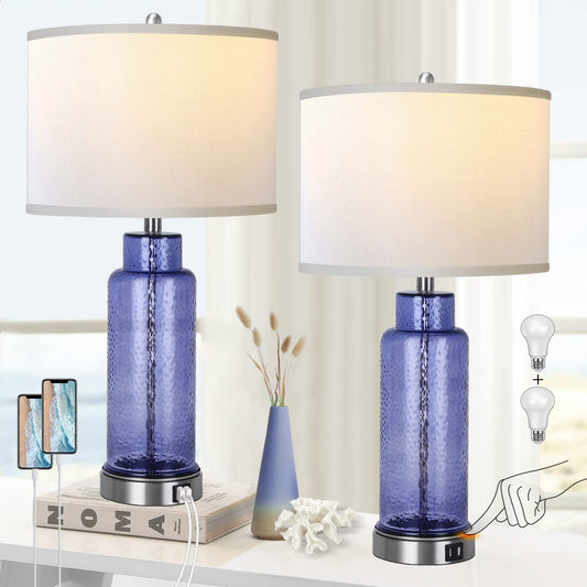 Table Lamps for Bedrooms Set of 2, Blue Glass Beside Lamps for Living Room with White Drum Shade Touch Control USB Ports, 26" Large Modern Coastal Nightstand Lamp for Home Decor(LED Bulbs Included)