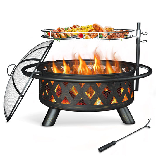 Large Outdoor Wood Burning Patio Backyard Firepit with Steel BBQ Grill Cooking Grate, Spark Screen & Poker for Garden, Bonfire, Camping, Picnic