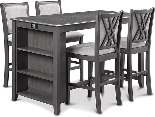 New Classic Furniture Amy Kitchen Counter Island Dining Table for 4 with Storage Shelf & USB Chargers, Contemporary Gray