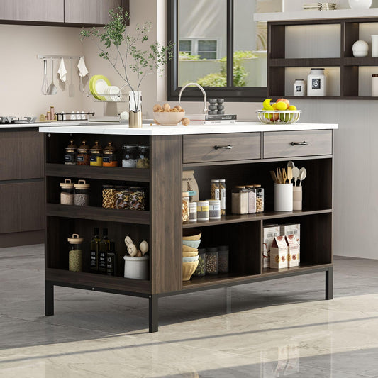 Brown and Marble White Top Kitchen Island with Shelves
