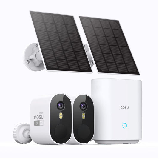 2K Solar Powered Wireless Outdoor, 32GB Local Storage No Monthly Fee Home Security System with 166° Ultra-Wide View, Spotlight, Forever Power, Work with Alexa & Google Assistant