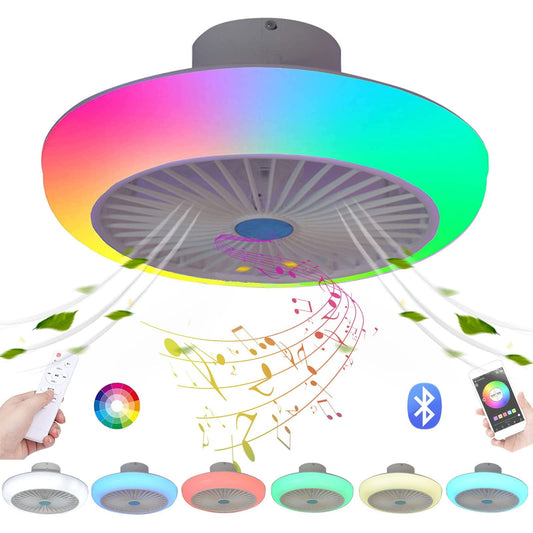 Ceiling Fans with Lights and Remote Bluetooth, RGB Dimmable LED Enclosed Ceiling Fans for Kids Room, with Bluetooth Speaker And 3 Colors Led Light, 3 Wind Speed & App-Timing Setting, White 17.7''